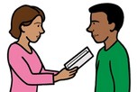A graphic with a women in a pink shirt holding a book, taking to a man in a green shirt. 