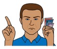 Graphic of a man holding some money, with a angry look on his face