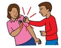 Graphic of a man in a red top hitting a female in a pink top