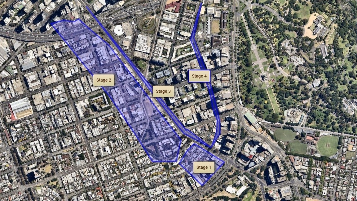 A map of the 4 stages for the South Melbourne Sewerage Capacity Upgrade