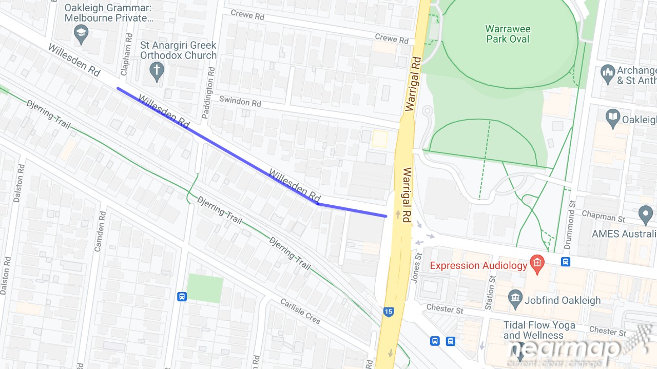 Map showing pipeline to be upgraded in Willesden Road between Warrigal Road and Clapham Road