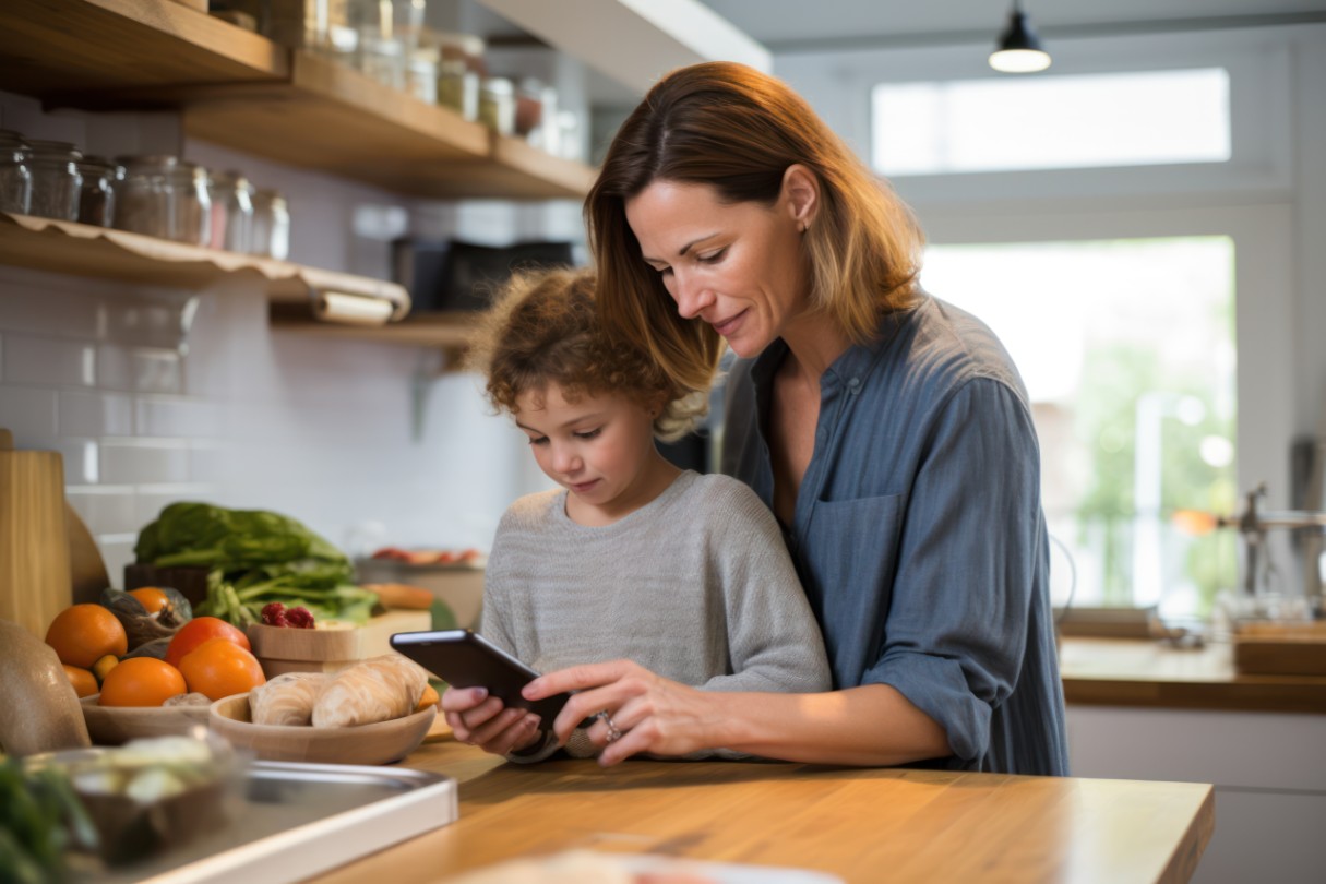 Modern mom skillfully handles online grocery tasks on phone with child nearby. 