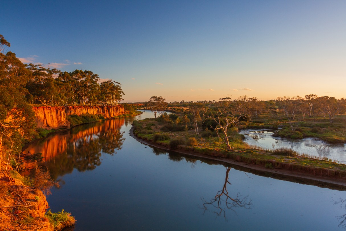 An autumn sunset over the twisting Werribee River