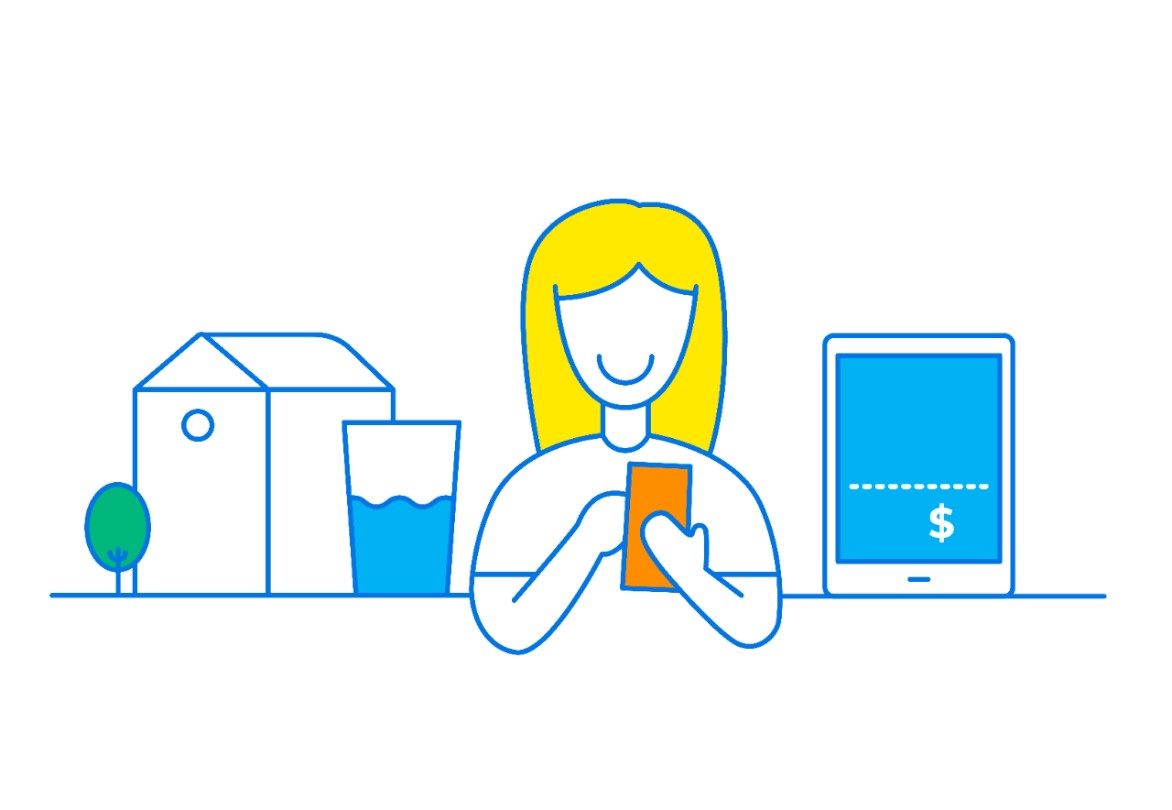 Line work drawing of woman on phone checking account