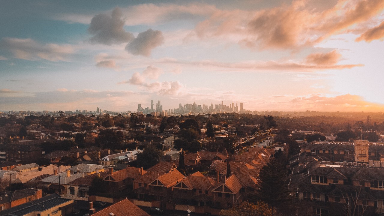 Melbourne city skyline at sunset