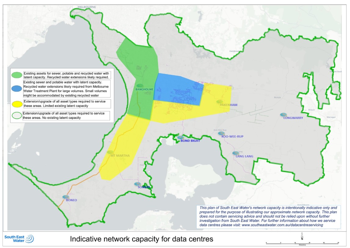Graphic showing South East Water's service area and where within the network there is capacity for data centres.
